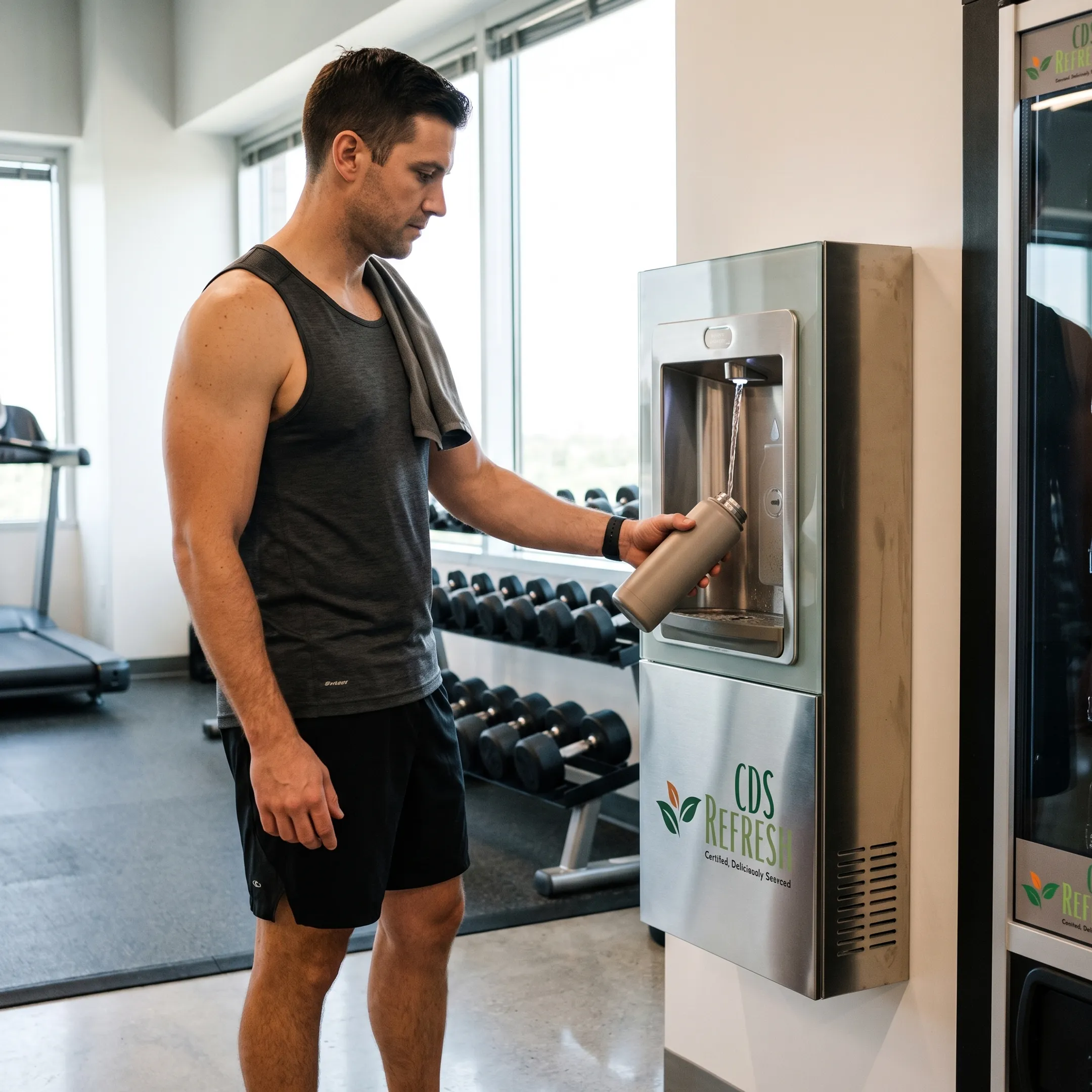 Fitness member using a filtered water dispenser