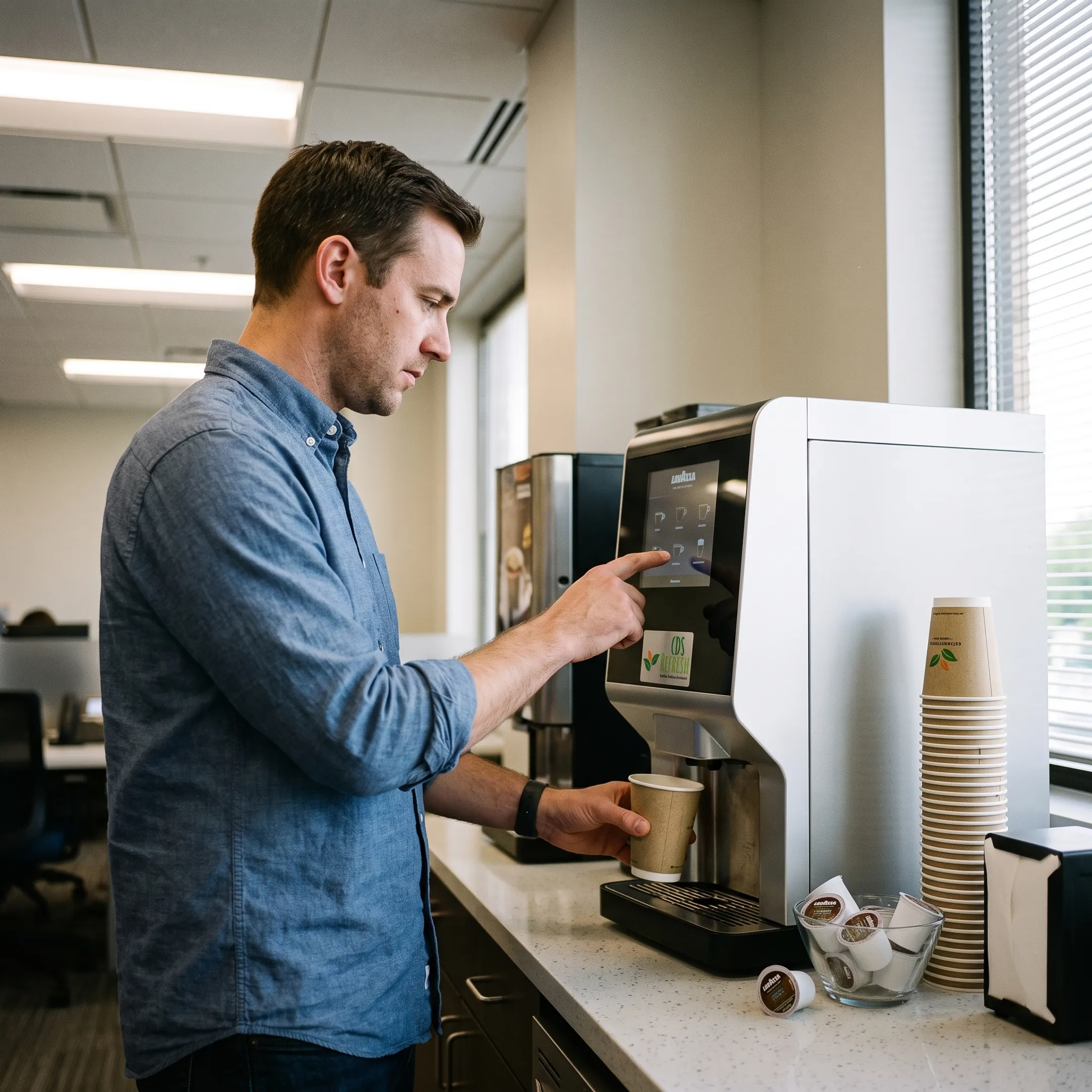 Employee preparing coffee at an office beverage station
