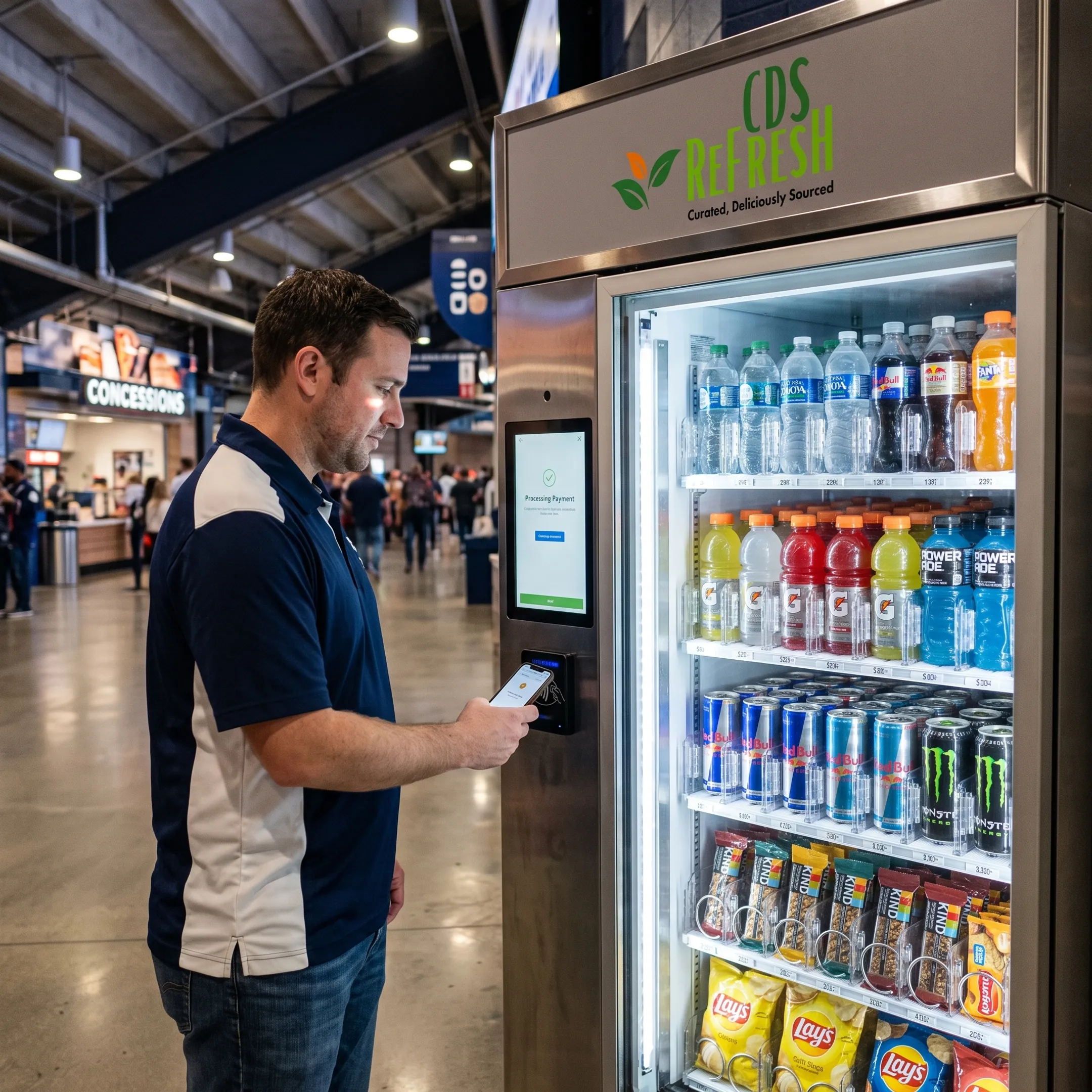 Stadium guest using a touch-screen beverage vending machine