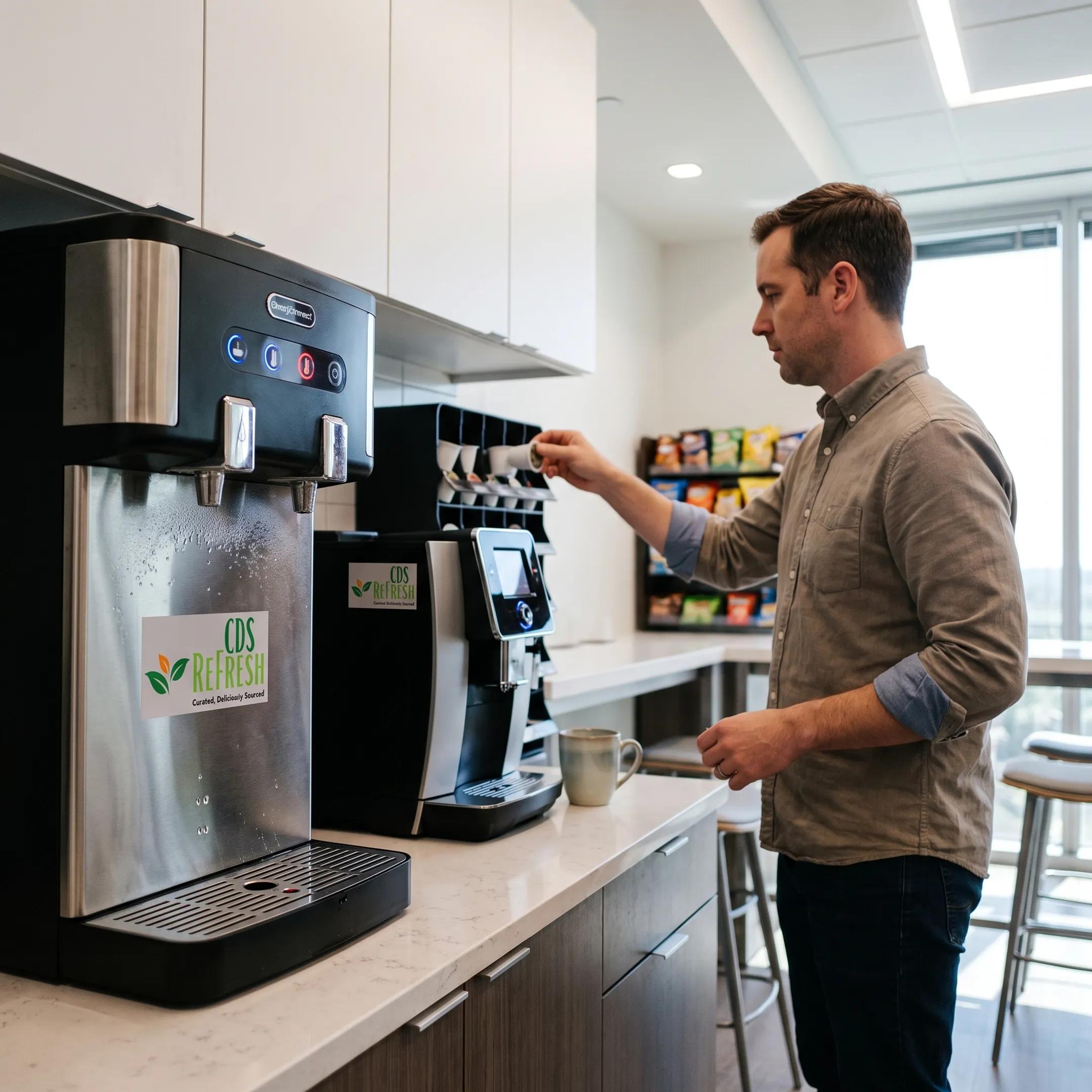 Employee using a modern office coffee and water station