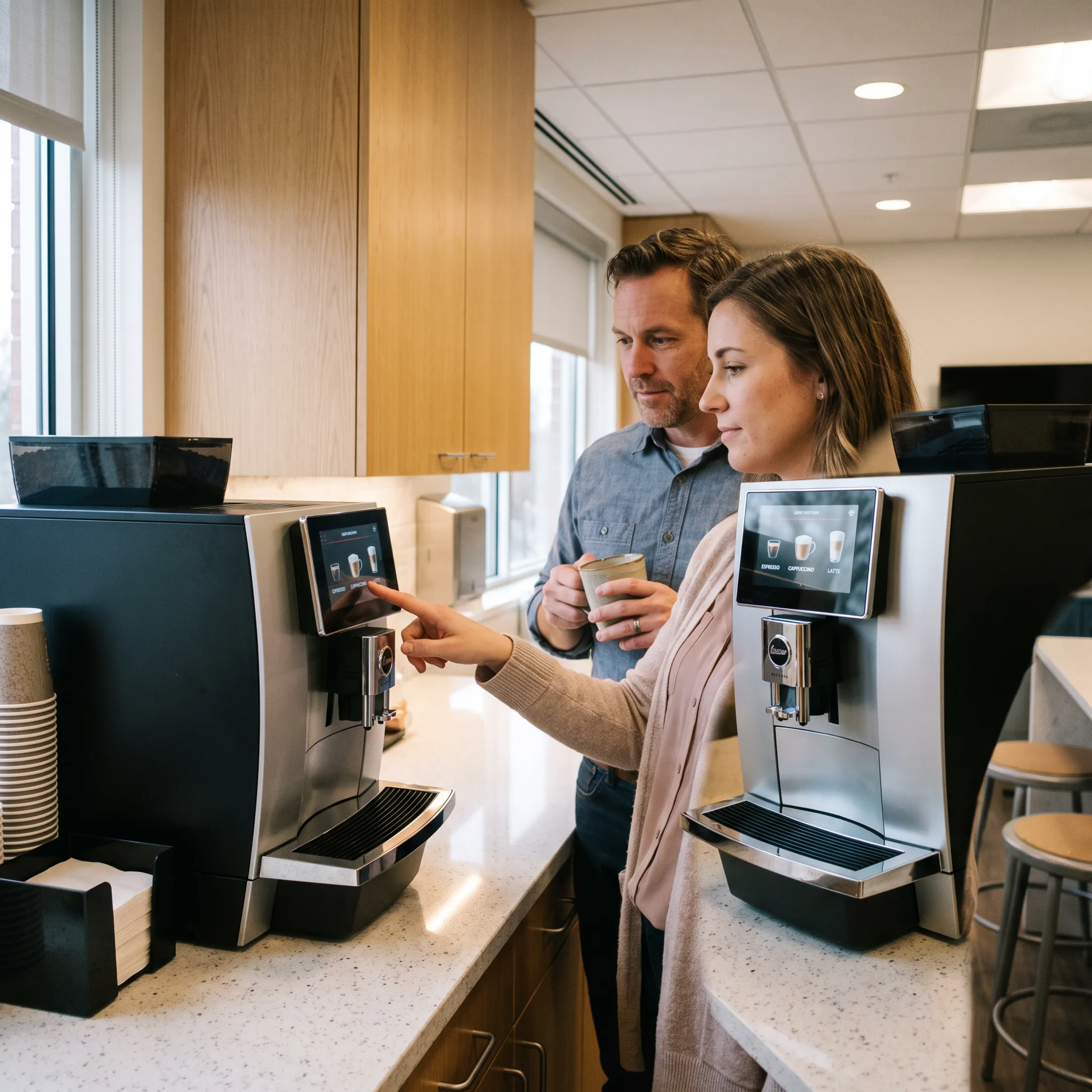 Office employees using a commercial espresso machine