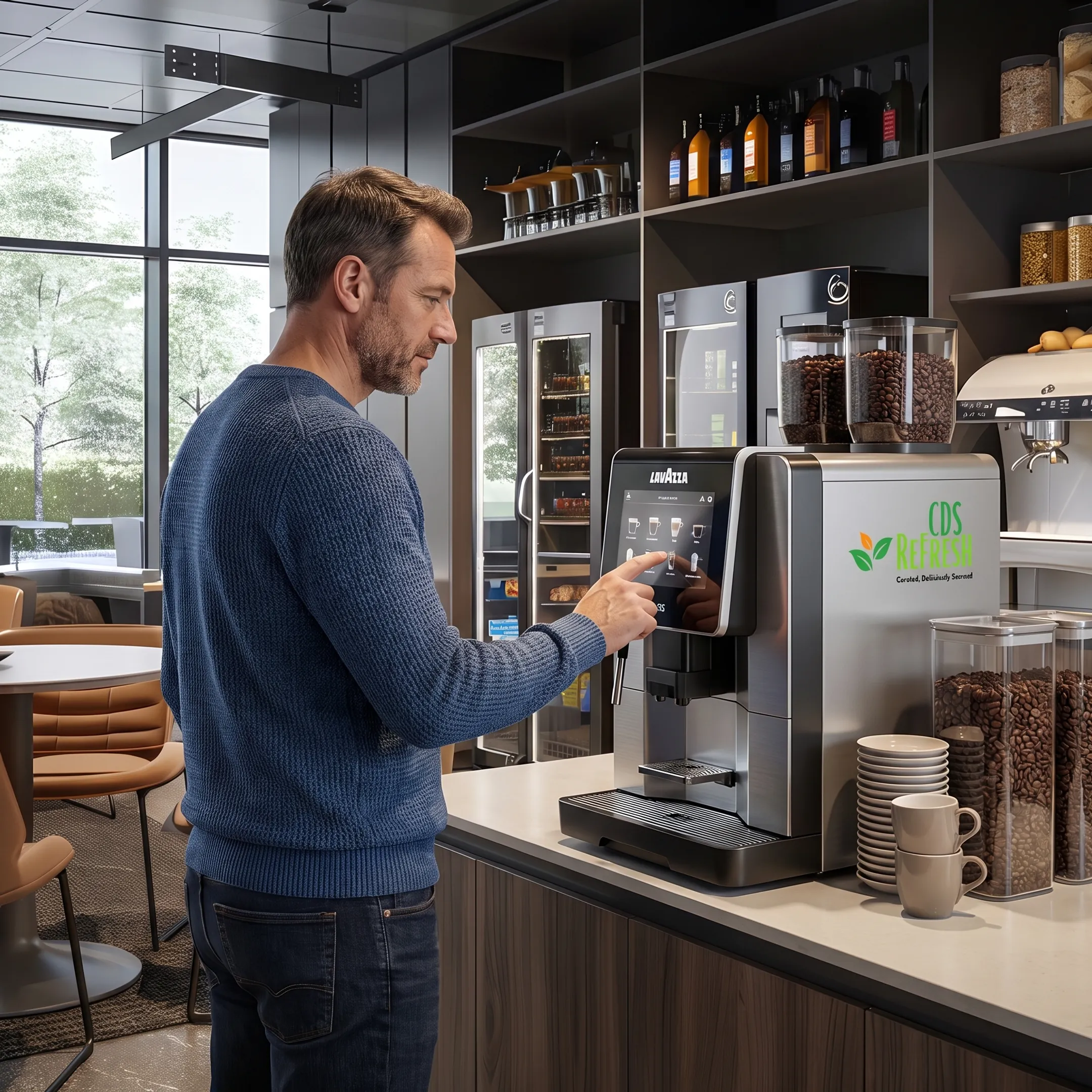 Employee selecting coffee from office brewing system