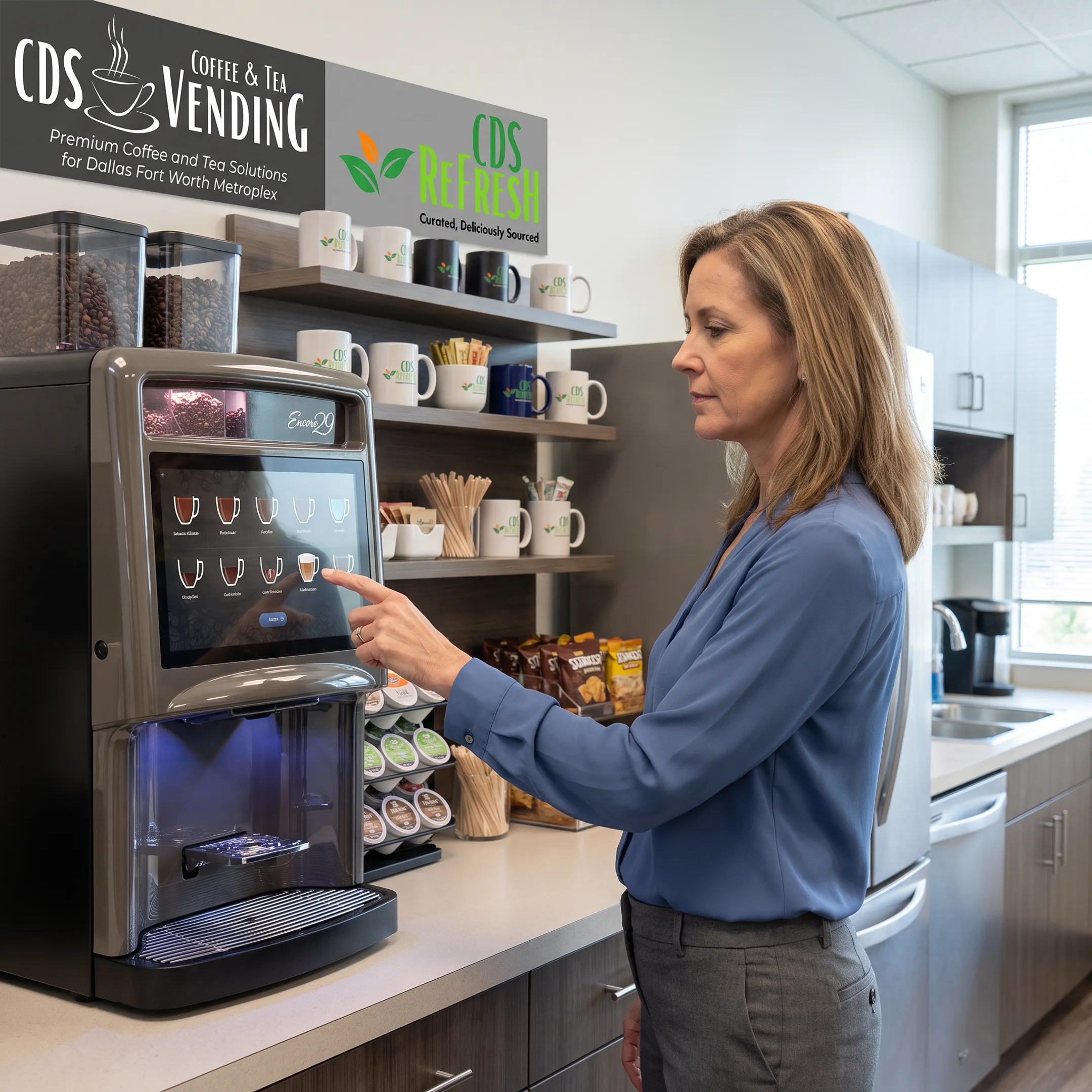 Employee choosing coffee from an office brewer