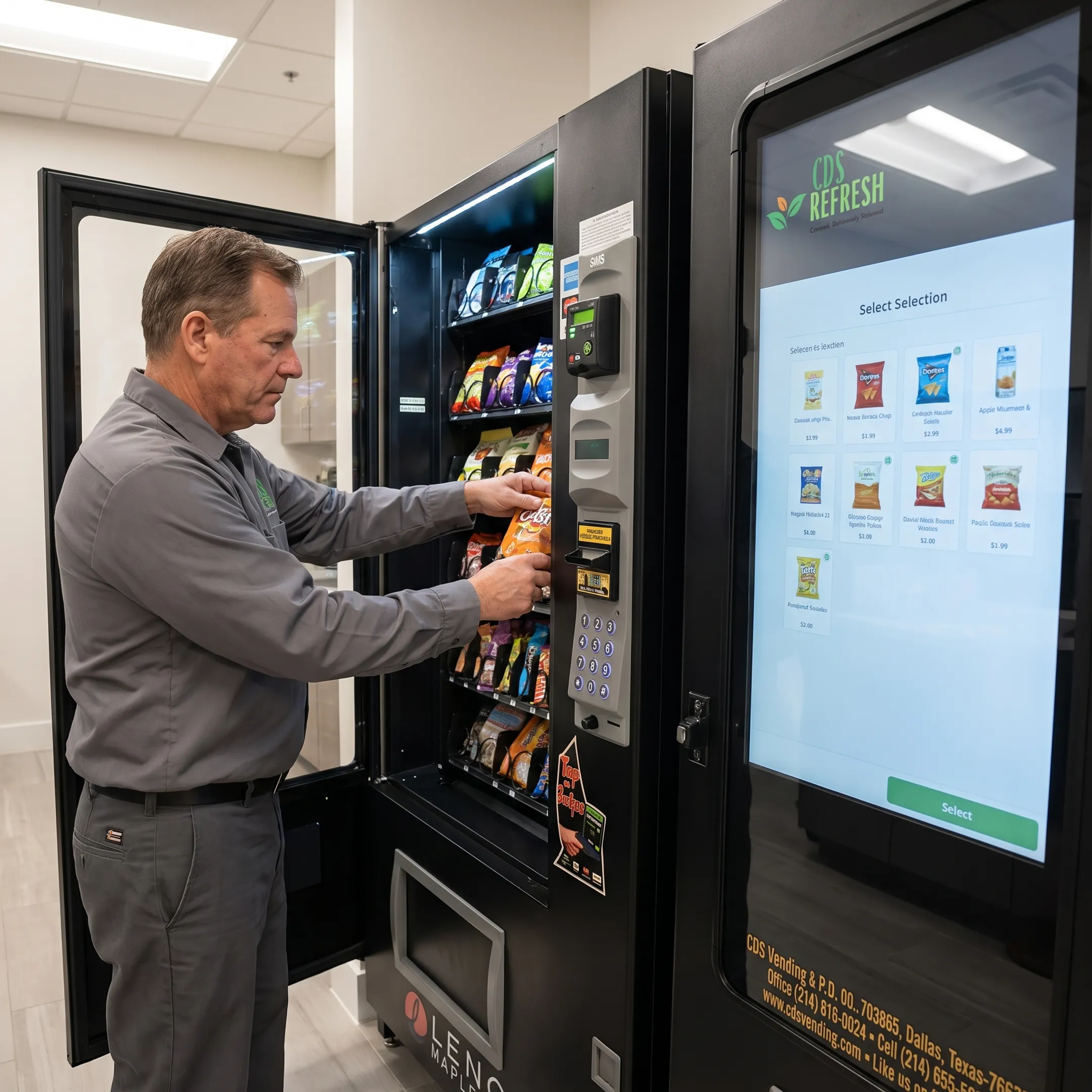 CDS Refresh team member stocking a modern vending machine