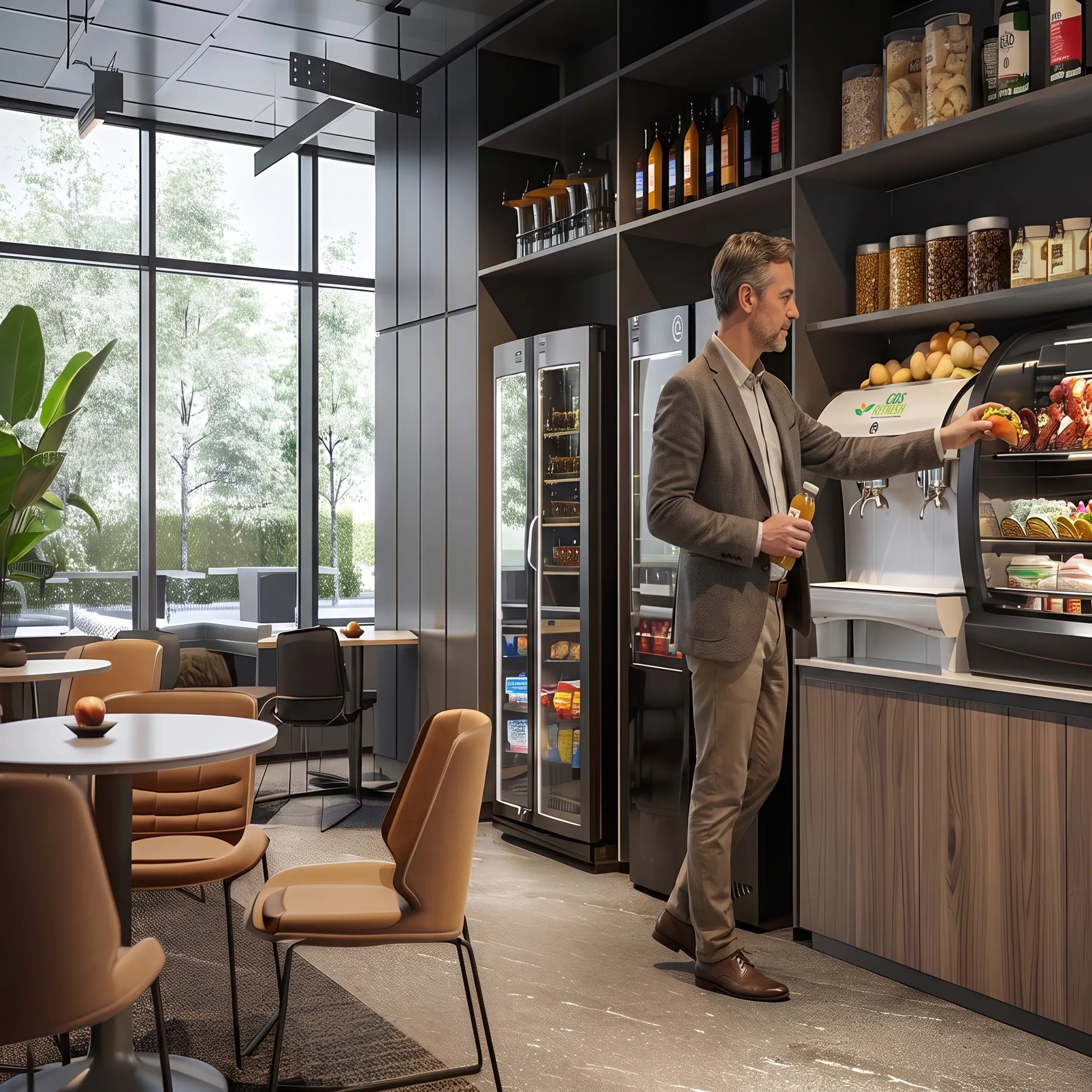 Employee selecting food in an office pantry