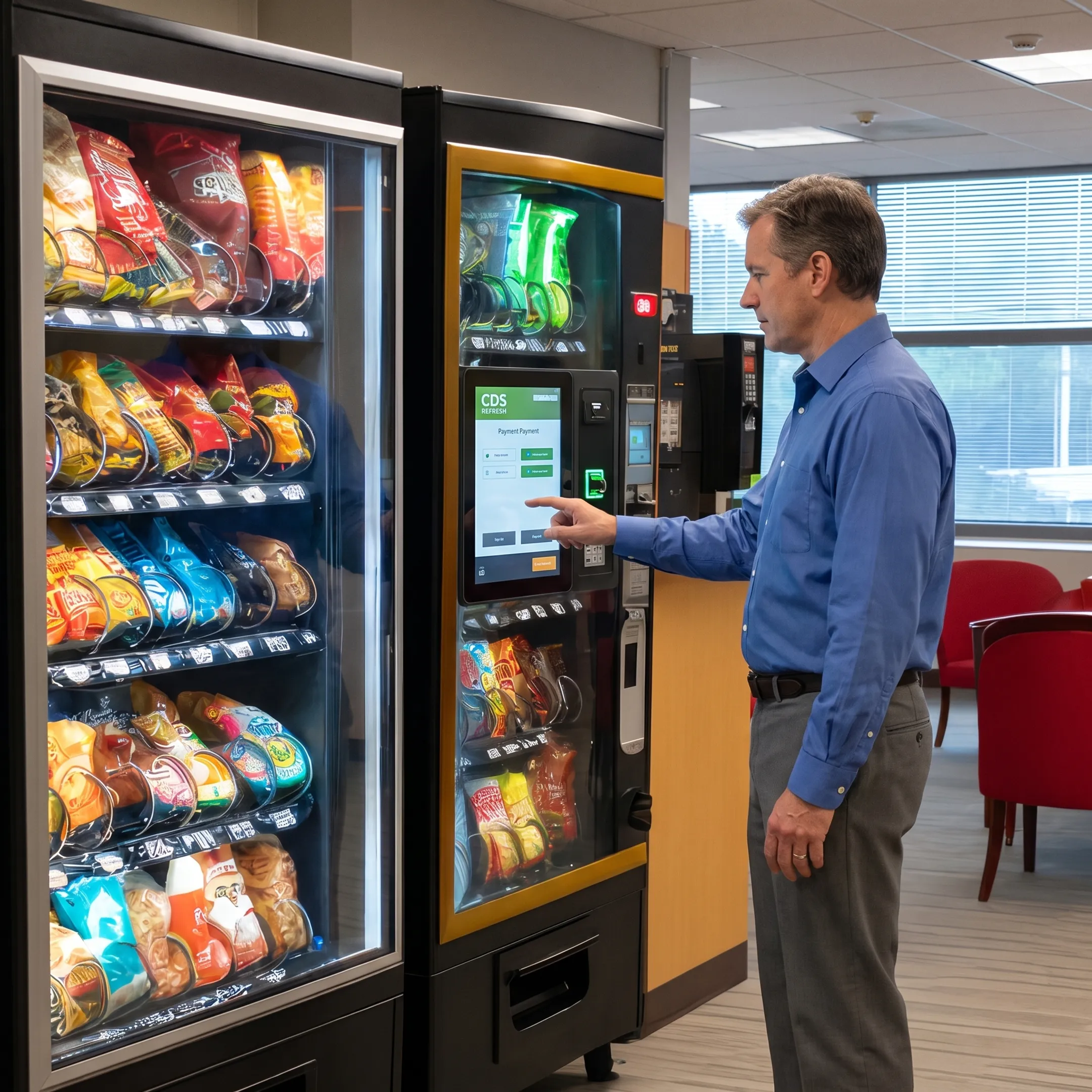 Employee using a cashless snack vending machine