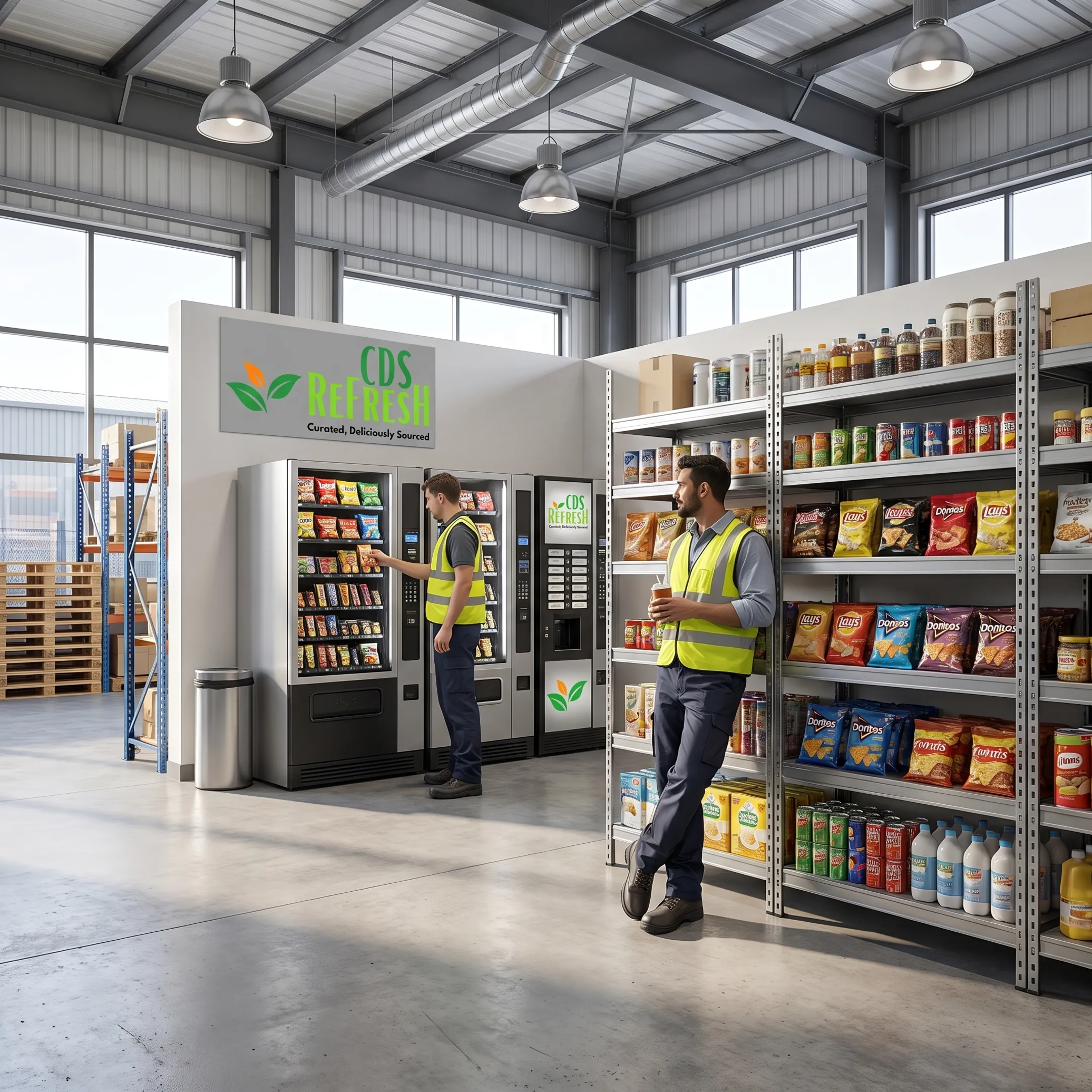 Stocked warehouse break room vending area
