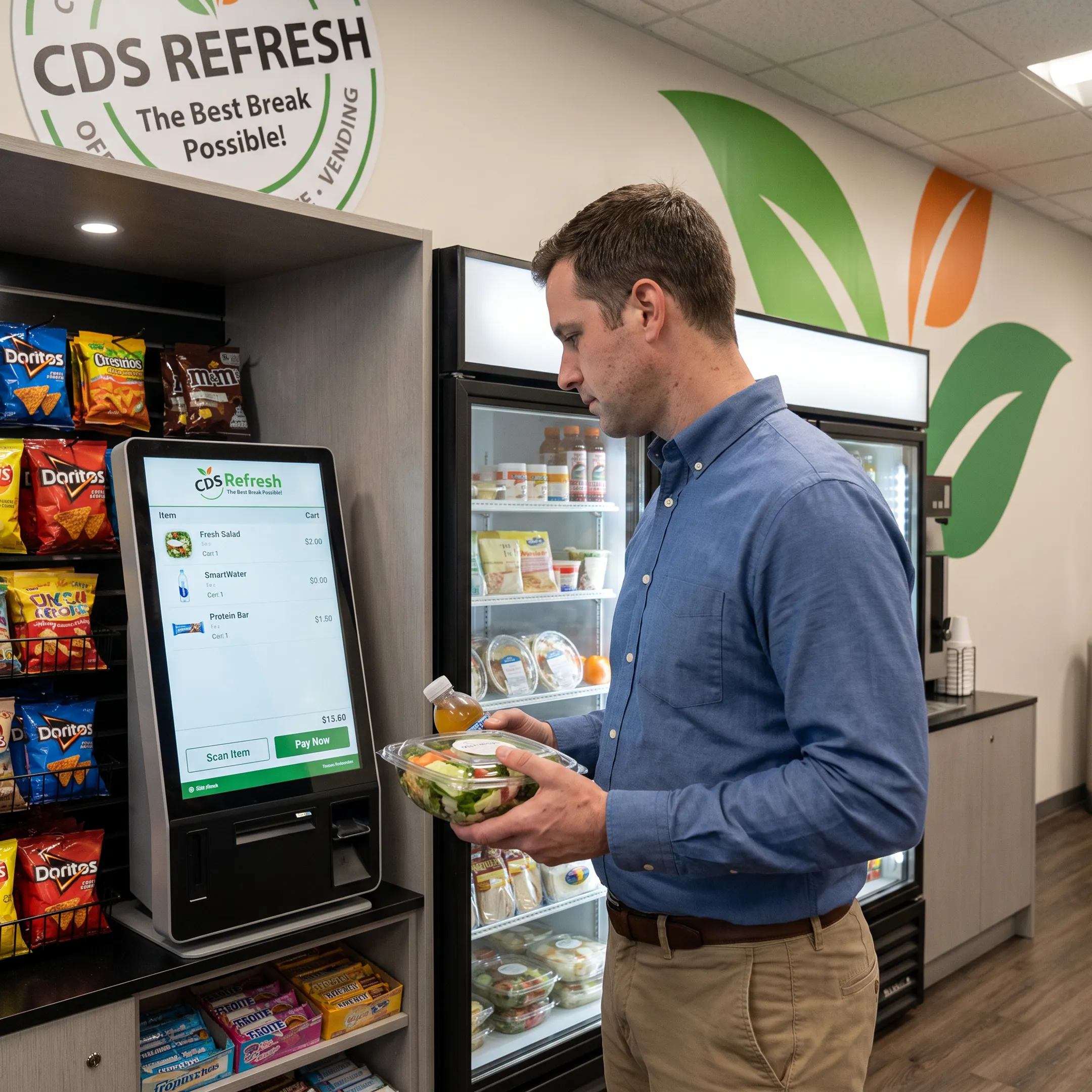 Employee selecting a fresh meal in a workplace market