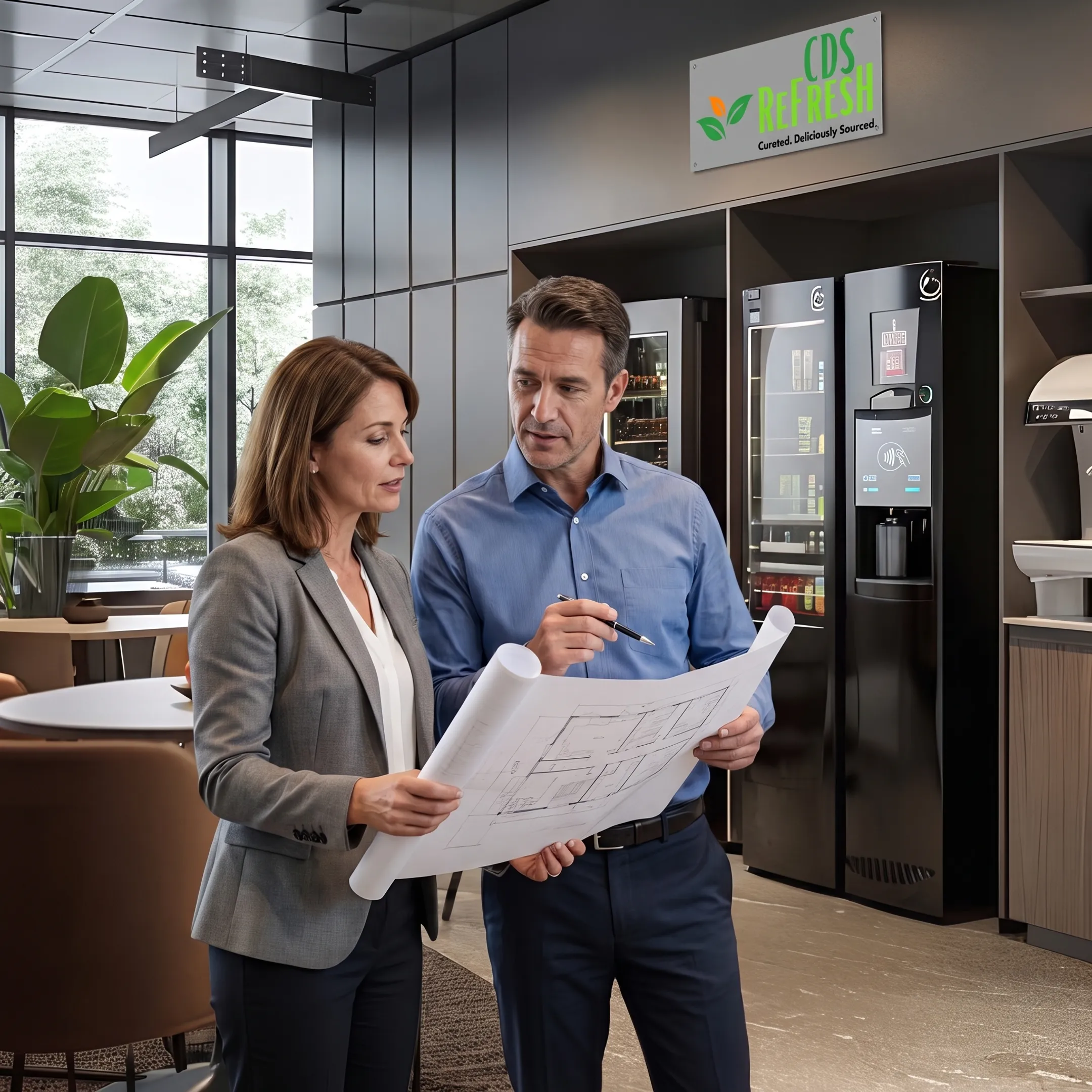CDS Refresh consultant reviewing vending placement with an office manager