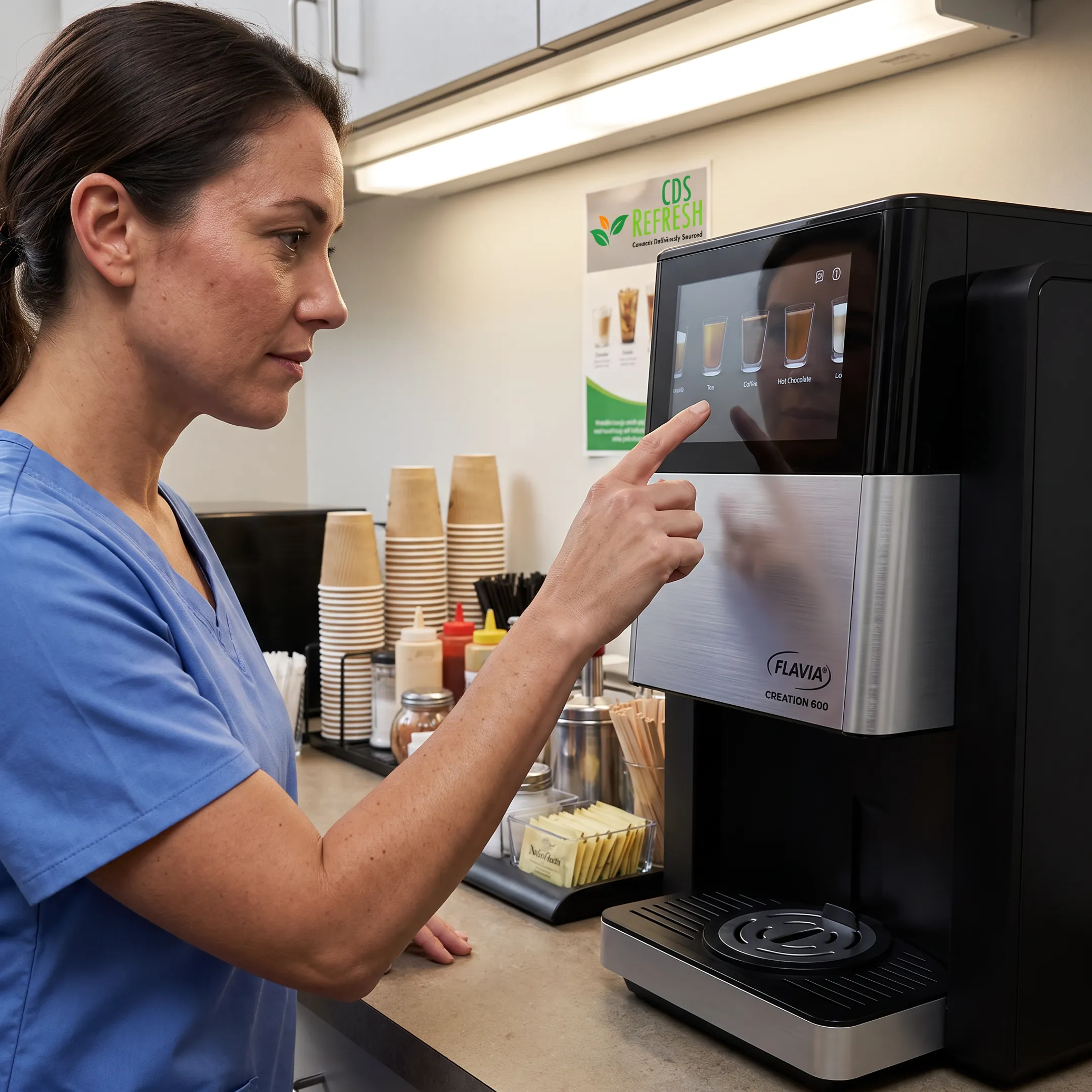 Healthcare employee using a modern coffee machine