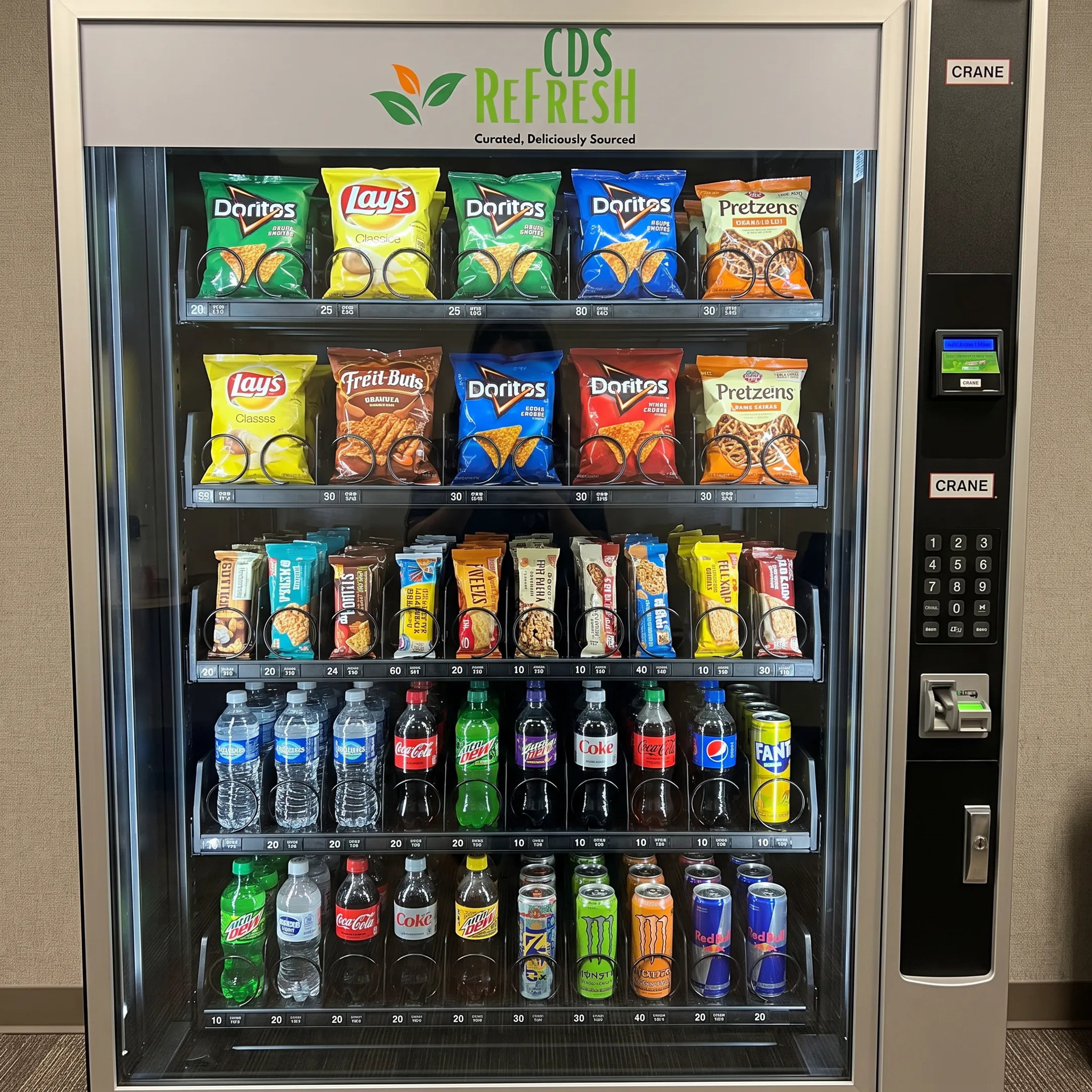 Fresh snacks and drinks stocked in vending machine