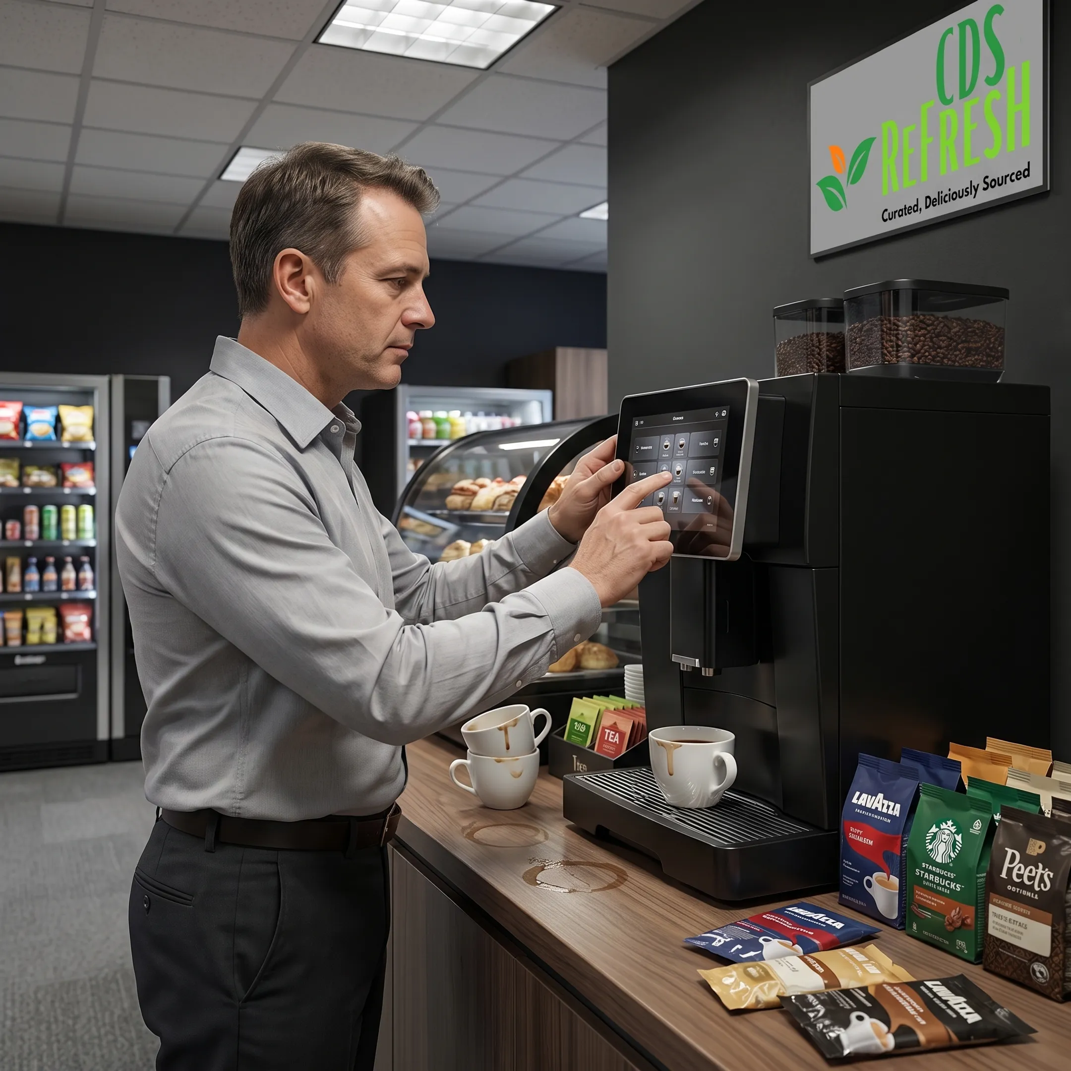Employee preparing coffee at an office beverage station