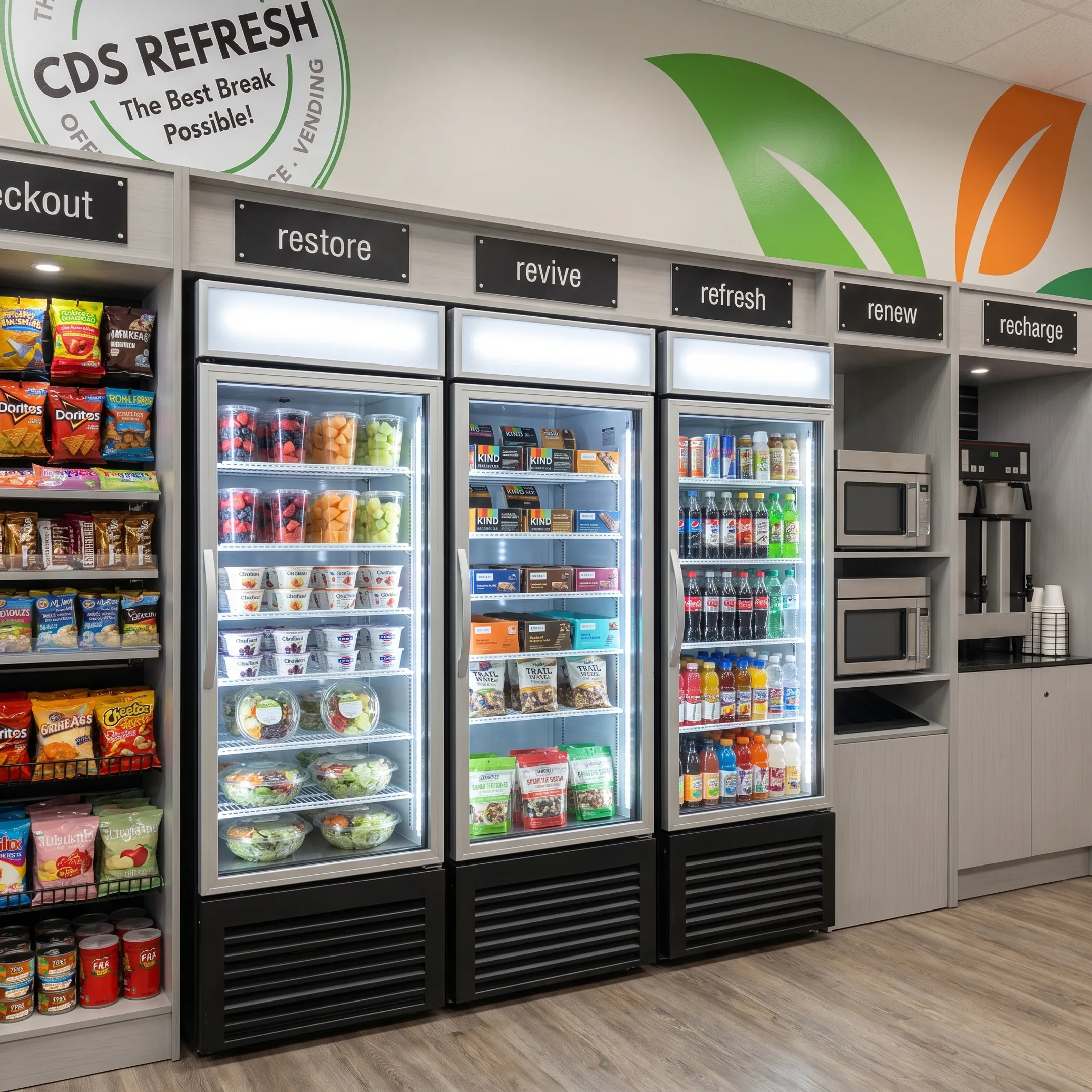 Healthy snacks arranged in a modern office micro-market
