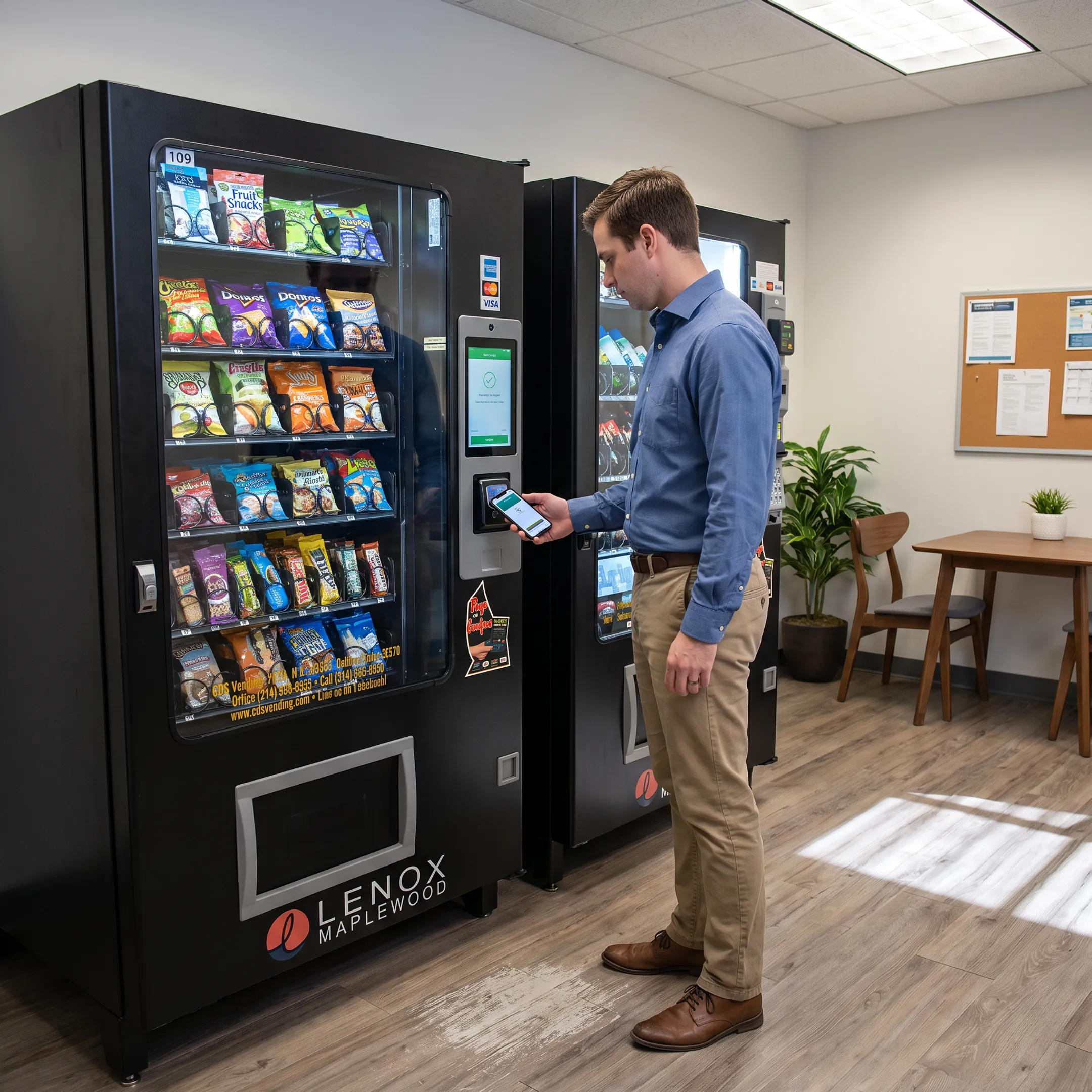 Employee using a cashless food vending machine