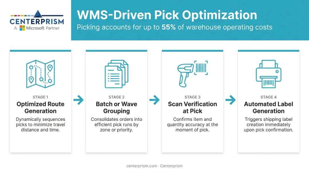 4-step WMS order picking optimization process flow infographic