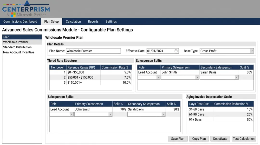 Centerprism Advanced Sales Commissions Module interface showing configurable rep payout plans