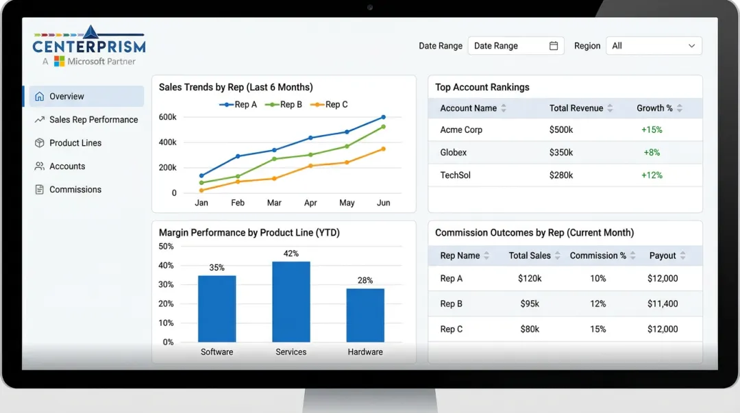 ERP sales analytics dashboard displaying rep performance margins and account revenue metrics