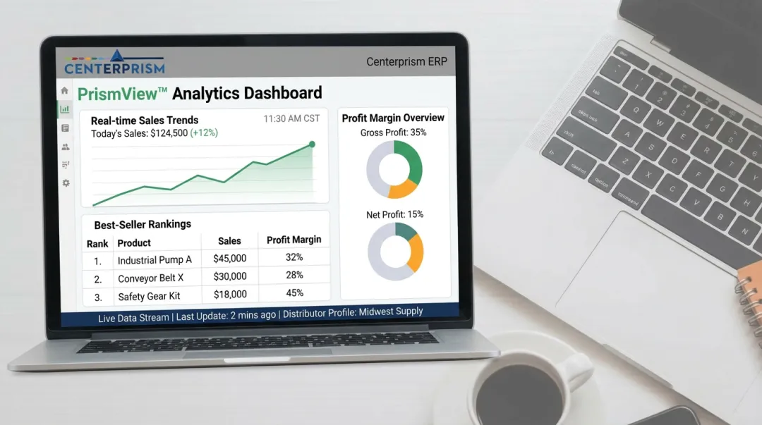 Centerprism PrismView analytics dashboard displaying real-time sales trends and inventory data