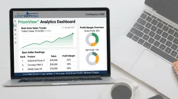 Centerprism PrismView analytics dashboard displaying real-time sales trends and inventory data