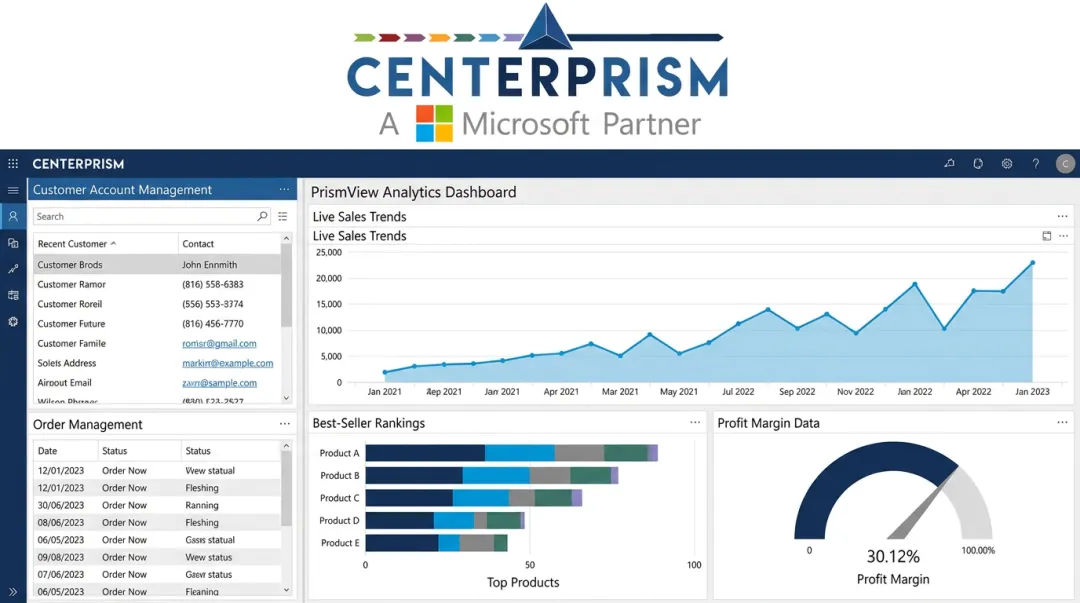 Centerprism ERP dashboard showing real-time sales analytics and customer account data