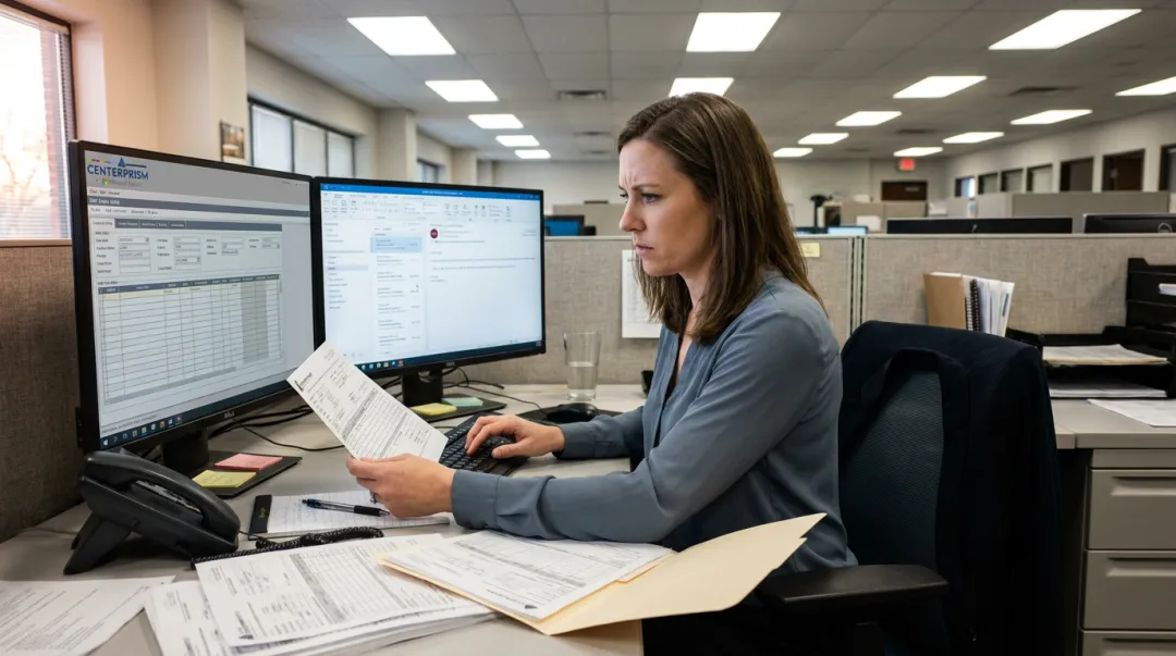 Customer service representative manually processing B2B sales orders at desktop workstation