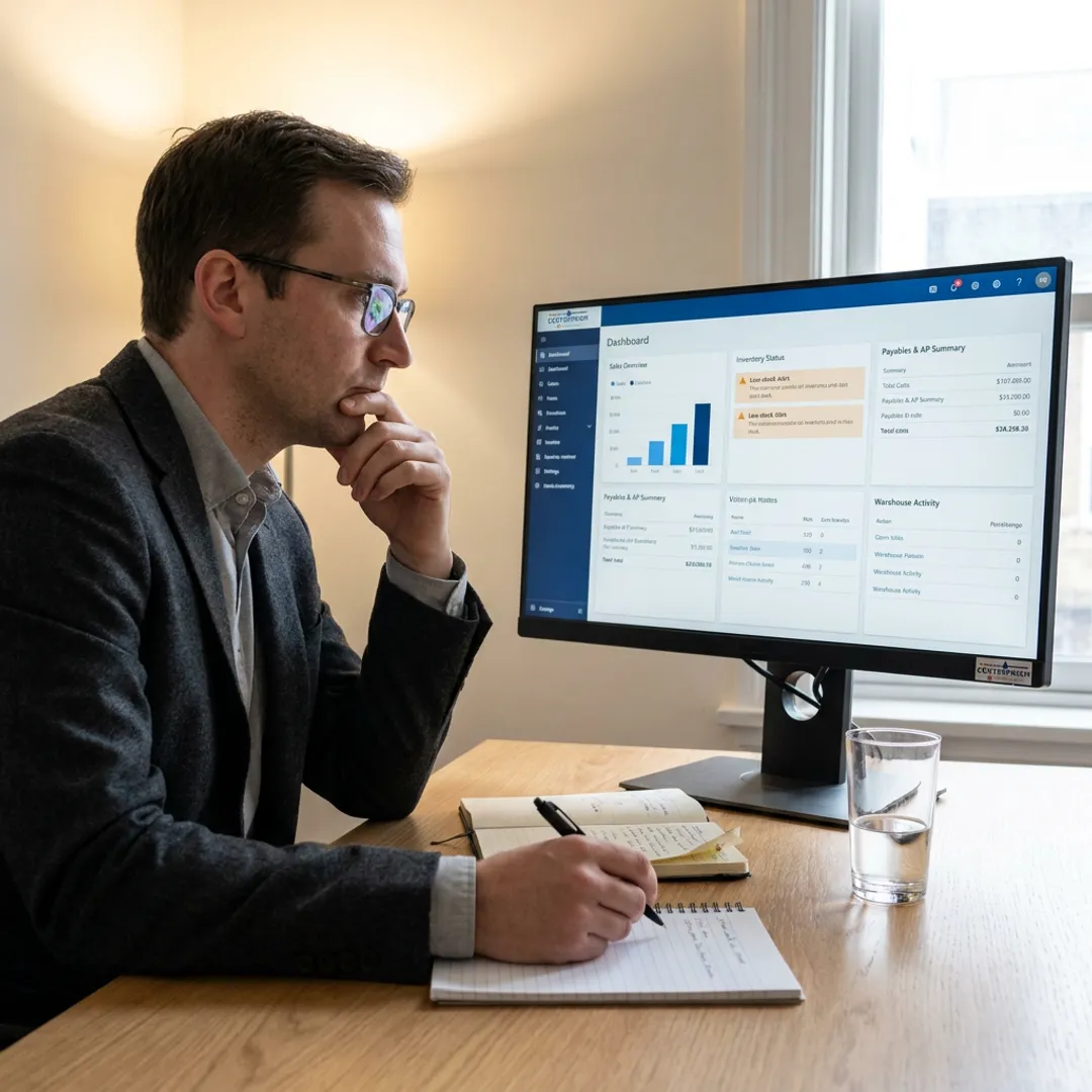 ERP consultant reviewing cloud software dashboards