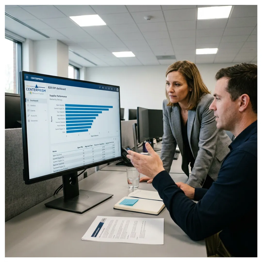 Distribution team reviewing supplier analytics dashboard