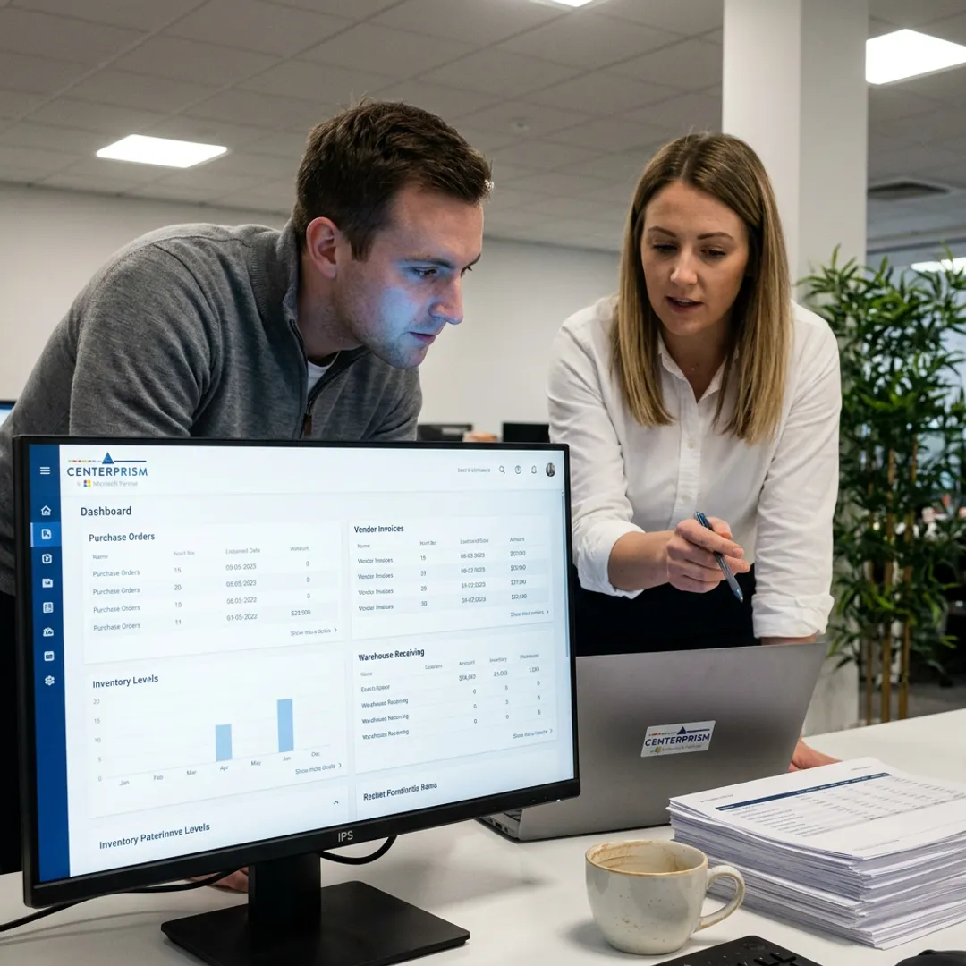 ERP dashboard showing purchasing and inventory workflows