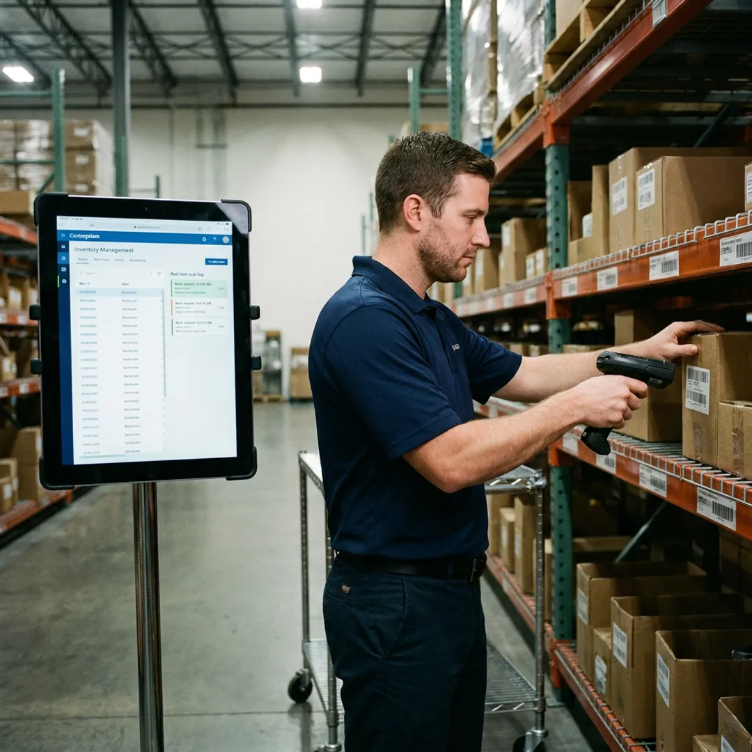 Warehouse worker scanning inventory with mobile device