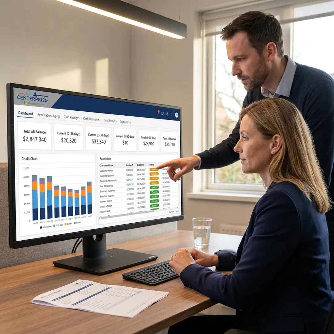 Finance manager reviewing receivables dashboard