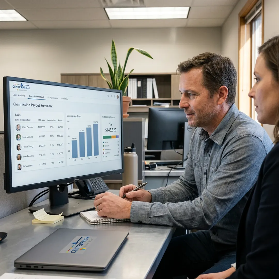 ERP commission dashboard showing automated payout calculations