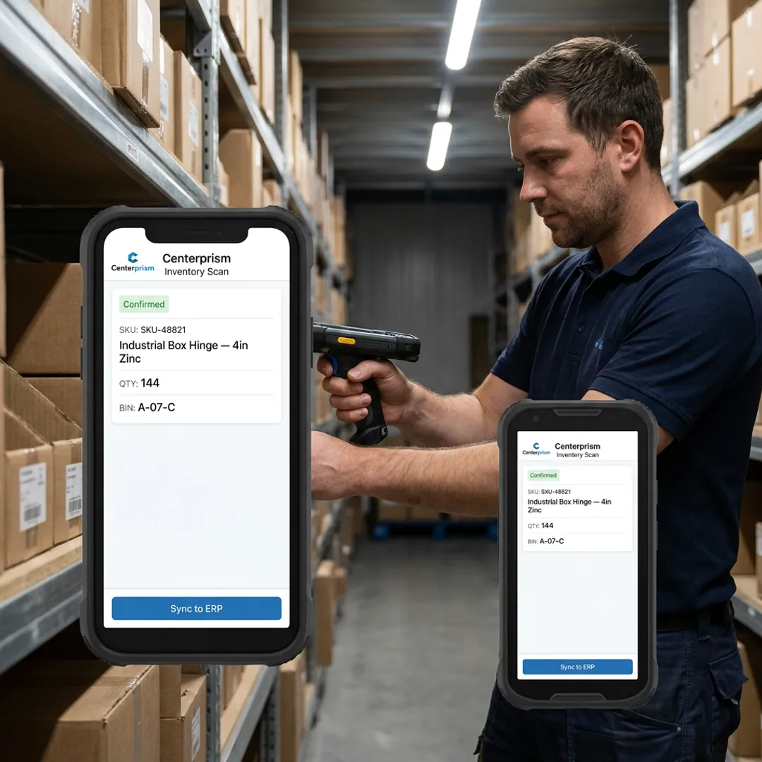 Warehouse worker scanning inventory with a mobile device