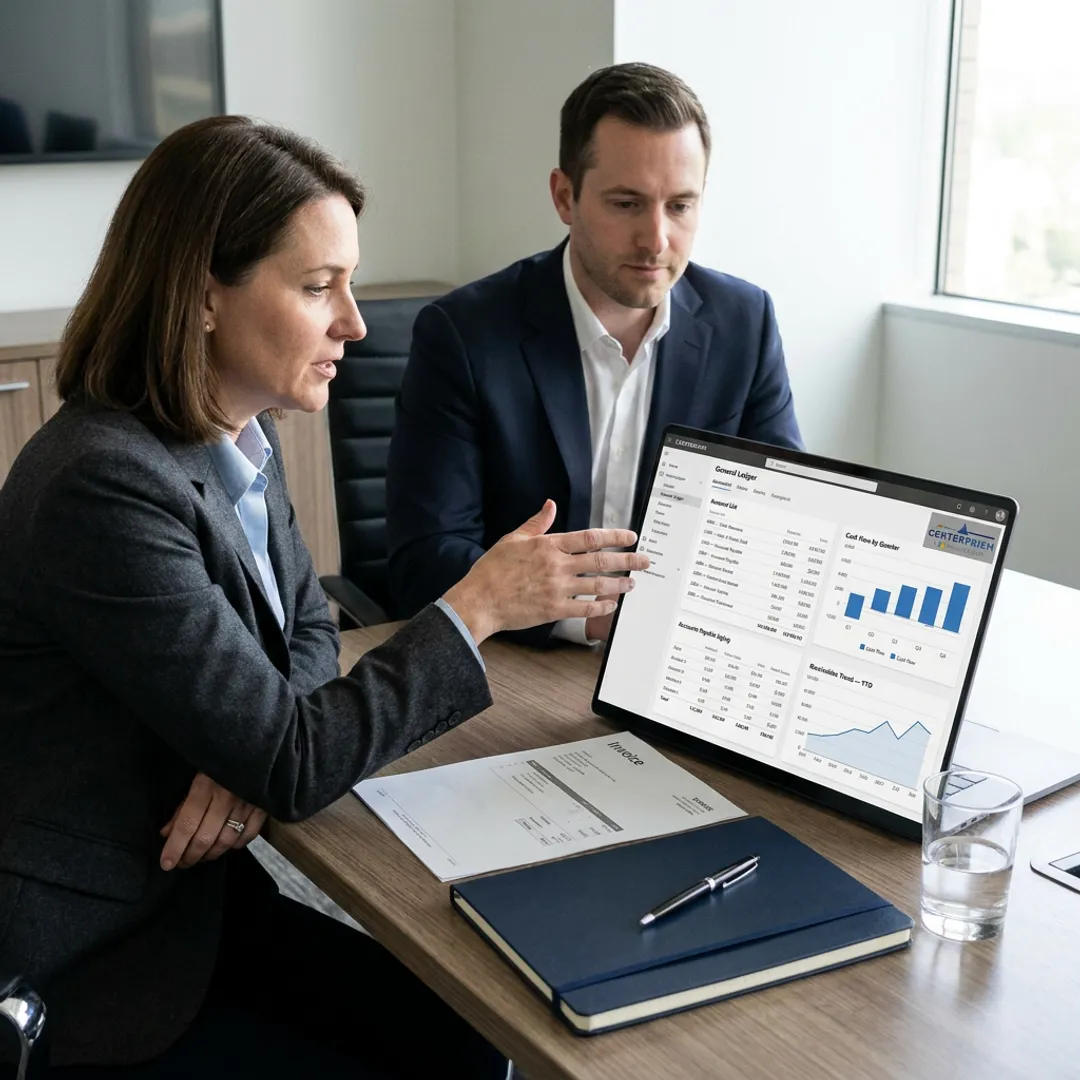 Finance team reviewing ERP accounting dashboard