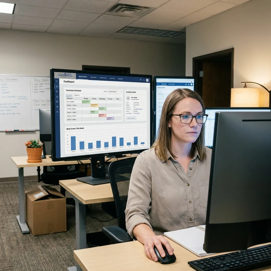Dispatcher managing technician schedules on ERP software