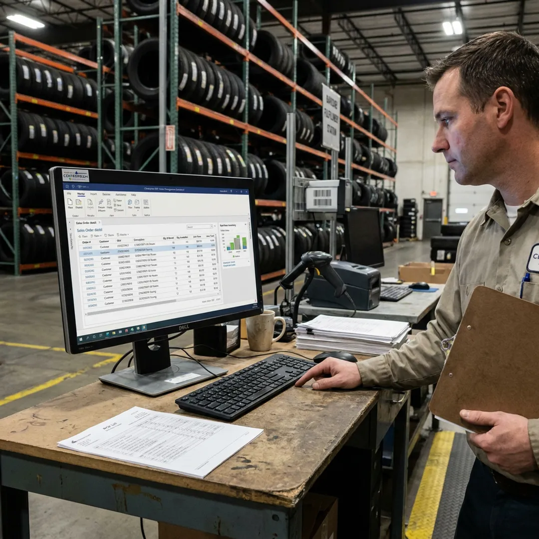 ERP order management screen in tire warehouse