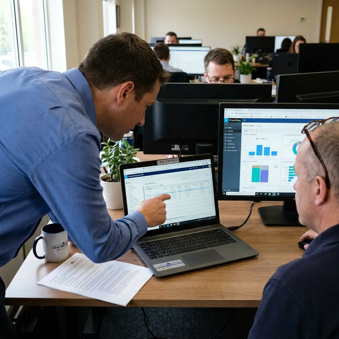 ERP implementation team reviewing manufacturing workflows