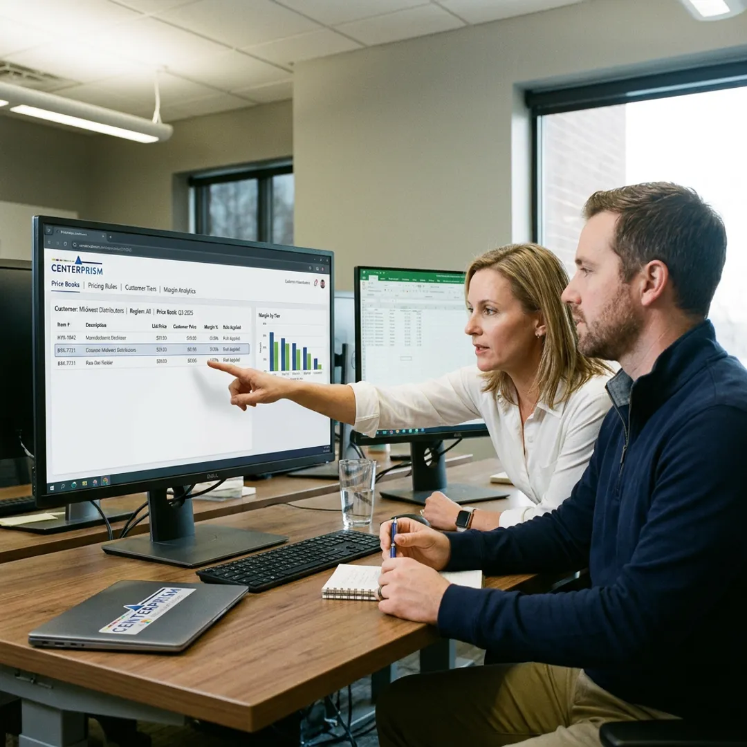 Sales team reviewing digital price book dashboard