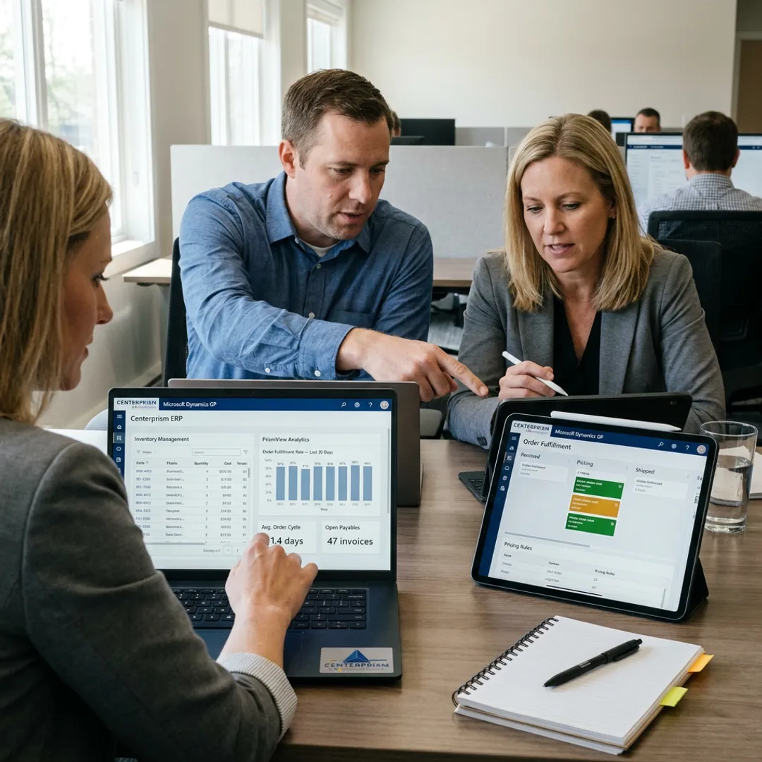 Team reviewing mobile POS and ERP dashboards