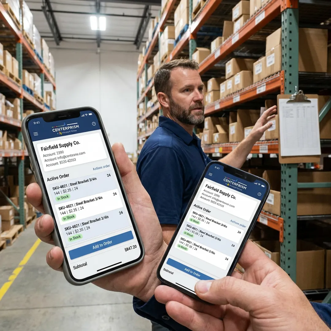 Sales rep using mobile ERP ordering app