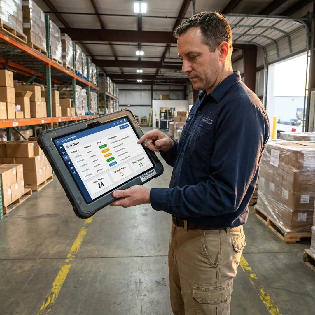 Field technician using mobile ERP software