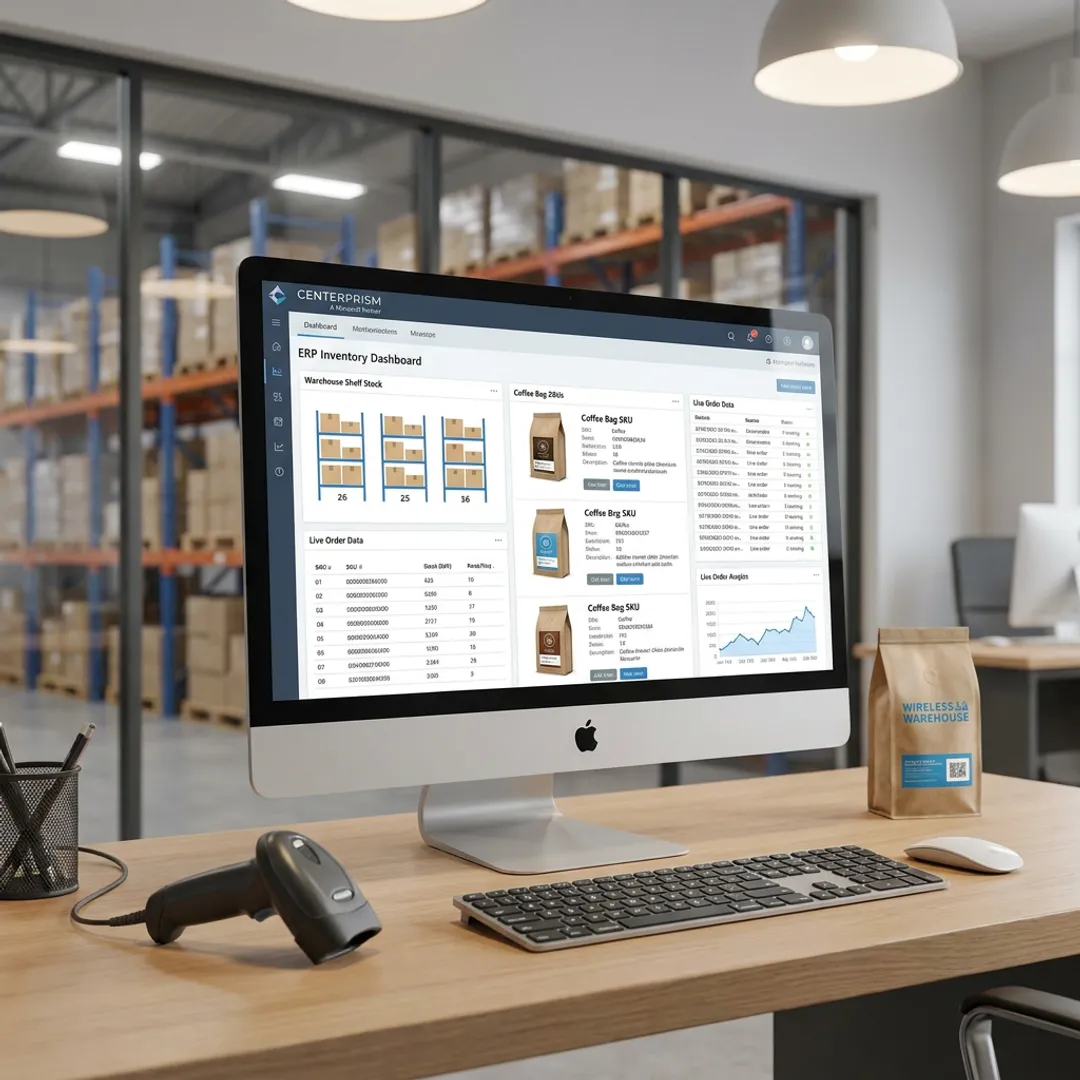 ERP dashboard showing coffee distributor inventory