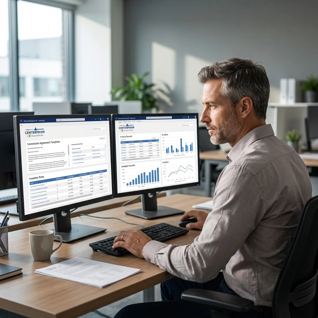 Sales manager reviewing commission agreement data