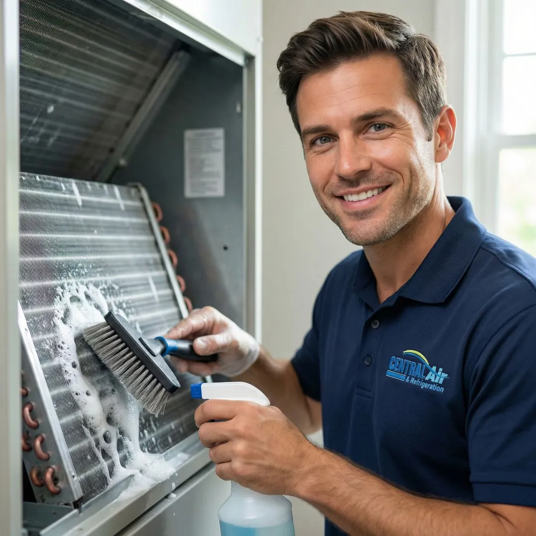 Close-up of HVAC technician's hands cleaning air conditioning coils during maintenance service