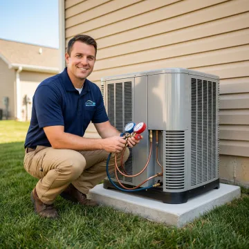 Modern air conditioning condenser unit installed outside a Bryan home with technician performing final checks