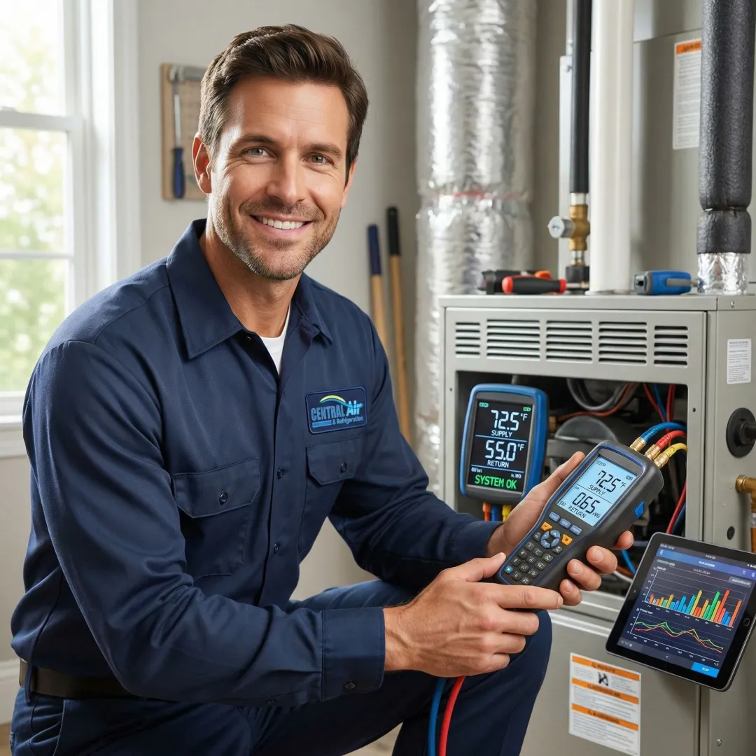 HVAC technician testing and calibrating newly installed residential heating and cooling system