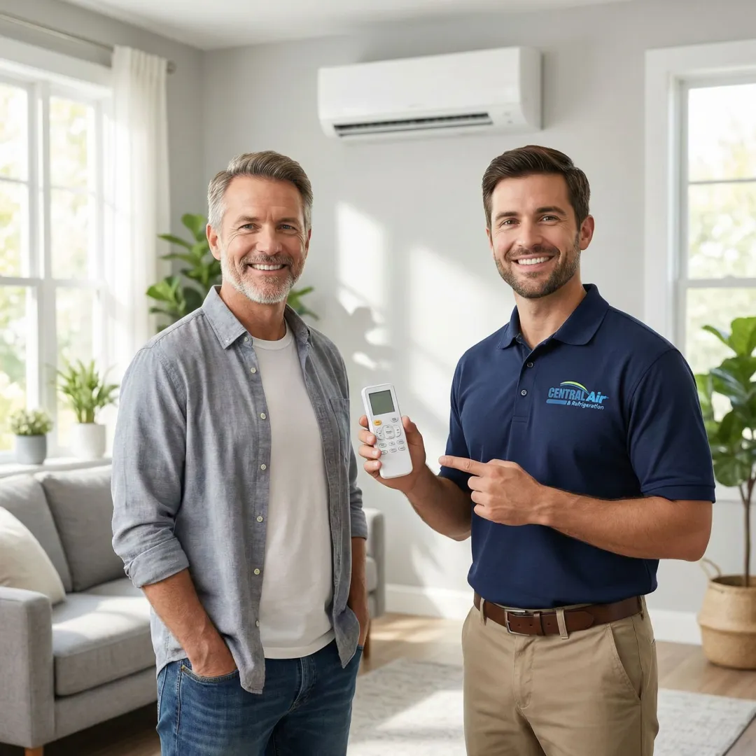 HVAC technician demonstrating mini split system controls to homeowner