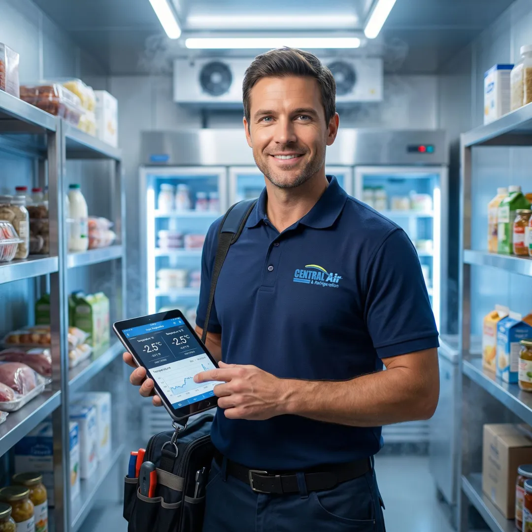 Technician testing walk-in cooler temperature controls after repair