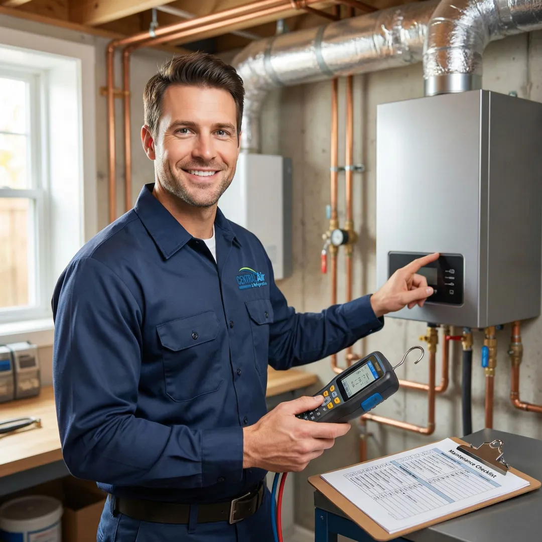 HVAC technician completing heating system tune-up with inspection checklist