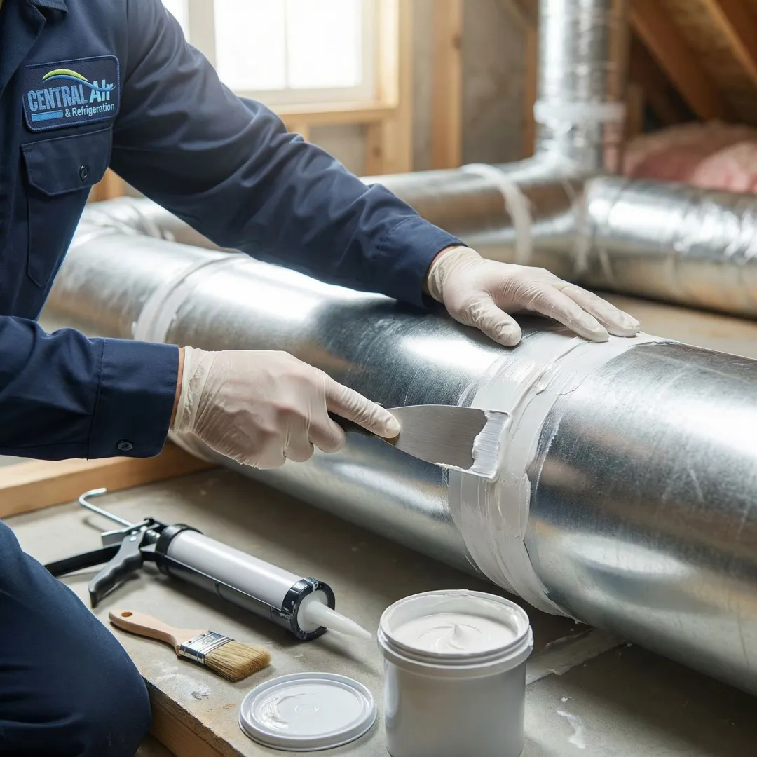 HVAC technician sealing air conditioning duct leaks with professional materials