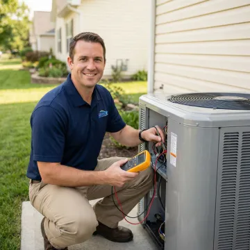 Modern home air conditioning system with technician performing maintenance
